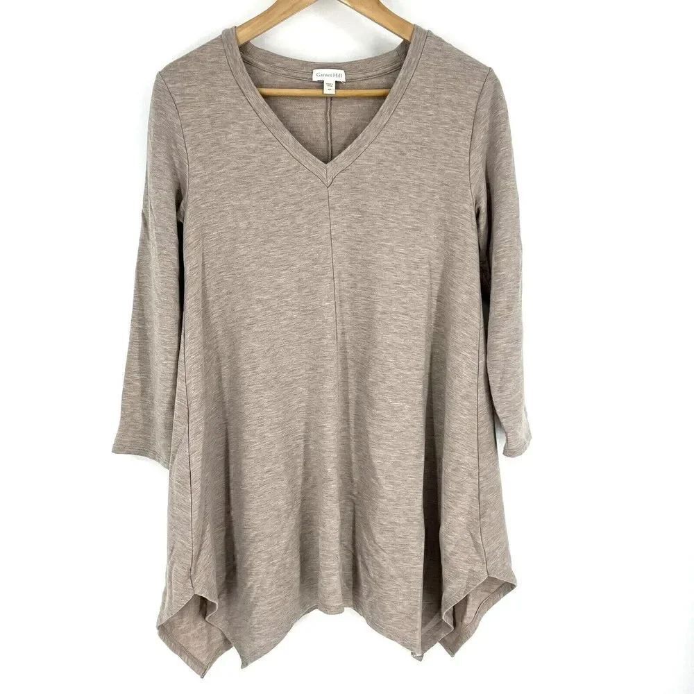 Garnet Hill Shirt Size XS Women Beige Pop Over Knit Asymmetric Tunic Top V Neck